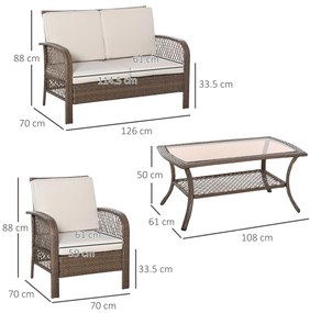 Set Mobilier de Gradina din Ratan Maro Outsunny, 4 piese, Perne Puf Kaki | Aosom Romania