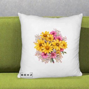 Perna Decorativa Floarea-Soarelui cu Cosmos Roz si Gypsophila, 40x40 cm, Alb Pufos, Husa Detasabila, Perna Inclusa, BEKZ®