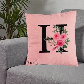 Cadou Personalizat - Perna Personalizata Monograma Florala Litera H cu Trandafiri Roz, 40x40 cm, Roz, Husa Detasabila, Perna Inclusa, BEKZ®