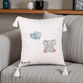 Perna Decorativa cu Franjuri, Model Elefant si baloane in forma de inimioare, 40x40 cm, Bej cu Franjuri, Husa Detasabila, Perna Inclusa, BEKZ®