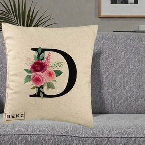Cadou Personalizat - Perna Personalizata Monograma Florala Litera D, 40x40 cm, Bej, Husa Detasabila, Perna Inclusa, BEKZ®