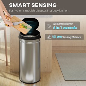 Coș de gunoi HOMCOM de 42L cu Senzor de Mișcare și Deschidere Automată, din Oțel Inoxidabil și ABS, 30.5x30.5x68 cm, Negru și Argintiu | Aosom Romania