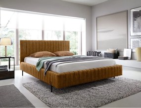 Pat matrimonial galben ocru tapițat cu spațiu de depozitare cu somieră 140x200 cm Plissa – ELTAP