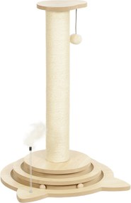 PawHut Copac de zgâriat pentru pisici, 69 cm, stâlp de zgâriat din sisal, traseu cu bile, minge de joacă, jucărie cu pană, design 4-în-1, alb crem | Aosom Romania