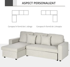 HOMCOM Canapea Extensibilă de Colț în Formă de L, Cu Șezlong Convertibil și Spațiu de Depozitare, Tapițerie Crem cu Efect de In, Perne Incluse | Aosom Romania