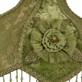 Abajur victorian din catifea, verde, în formă de cupolă, cu margine festonată, rozetă și franjuri cu mărgele, 21 x 33 cm, „Feston”