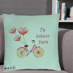 Perna Decorativa Te Iubesc Tare cu Bicicleta Roz si Baloane Inima, 40x40 cm, Verde Menta, Husa Detasabila, Perna Inclusa, BEKZ®