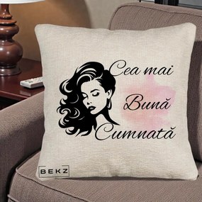 Cadou pentru Cumnata - Perna Personalizata Cea mai Buna Cumnata cu Silueta Dama si Pete Roz, 40x40 cm, Bej Canapea, Husa Detasabila, Perna Inclusa, BEKZ®