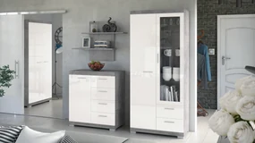 Mazzoni Set de mobilier SIMPLE Beton Millennium/Alb Luciu - VITRINĂ RAFTURI SUSPENDAT COMODĂ PENTRU LIVING