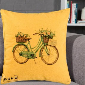 Perna Decorativa Bicicleta Teal cu Cosuri Duble de Flori Vintage, 40x40 cm, Galben, Husa Detasabila, Perna Inclusa, BEKZ®