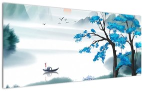 Tablou - Pictură, lac cu barcă (120x50 cm)