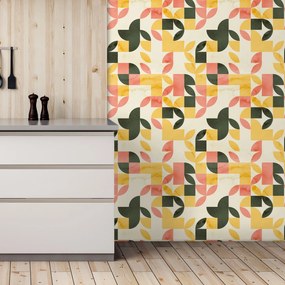 Tapet - Model geometric retro în verde-galben