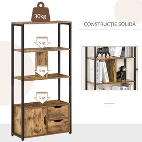 HOMCOM Biblioteca cu 3 Rafturi, Dulap si 2 Sertare, Biblioteca Stil Industrial din PAL si Metal, 58x24x122 cm, Negru si Lemn natur | Aosom Romania