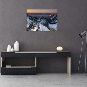 Tablou pe sticlă - Răsărit de soare în munți (70x50 cm)