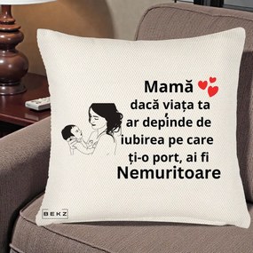 Cadou pentru Mama - Perna Personalizata Mama Nemuritoare Imbratisare Copil, 40x40 cm, Crem Reliefat, Husa Detasabila, Perna Inclusa, BEKZ®