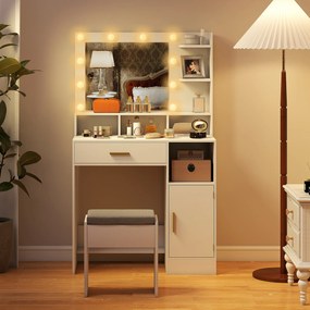 HOMCOM Coafură cu oglindă și 10 lumini LED, luminozitate reglabilă, sertar, dulap și rafturi deschise, 80x40x135cm, alb | Aosom Romania