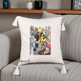 Perna Personalizata Assassination Classroom Grup Complet Anime, 40x40 cm, Bej cu Franjuri, Husa Detasabila, Perna Inclusa, BEKZ®