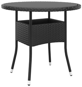 vidaXL Masă de grădină, negru, Ø80x75 cm, sticlă securizată/poliratan