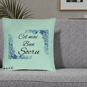 Cadou pentru Socru - Perna Personalizata Cel mai Bun Socru cu Flori Albastre Acuarela, 40x40 cm, Verde Menta, Husa Detasabila, Perna Inclusa, BEKZ®