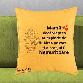Cadou pentru Mama - Perna Personalizata Mama Nemuritoare Portret Graphic, 40x40 cm, Galben, Husa Detasabila, Perna Inclusa, BEKZ®
