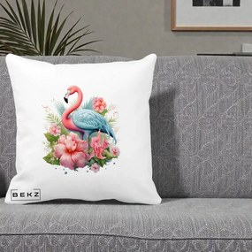 Perna Decorativa Flamingo cu Hibiscus Tropical, 40x40 cm, Alba Mata, Husa Detasabila, Perna Inclusa, BEKZ®