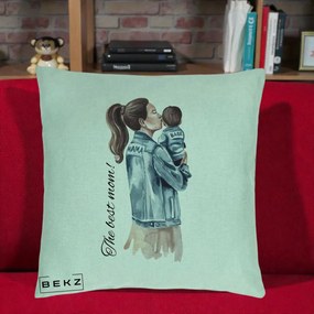 Cadou pentru Mama - Perna Personalizata The Best Mom Jachete, 40x40 cm, Verde Menta, Husa Detasabila, Perna Inclusa, BEKZ®