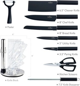 Set de cutite cu suport Swiss Haus SH-KSL9B, 9 piese, Manere antiderapante, Otel inoxidabil, Negru