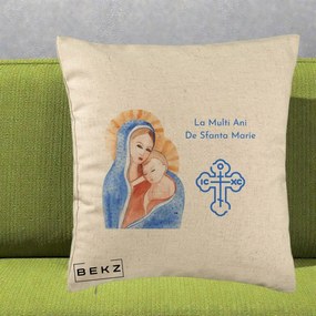 Cadou de Onomastica - Perna Personalizata Sfanta Marie Icoana Acuarela, 40x40 cm, Bej, Husa Detasabila, Perna Inclusa, BEKZ®