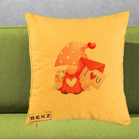 Cadou Romantic - Perna Personalizata I Love You Gnome Valentine cu Scrisoare, 40x40 cm, Galben, Husa Detasabila, Perna Inclusa, BEKZ®