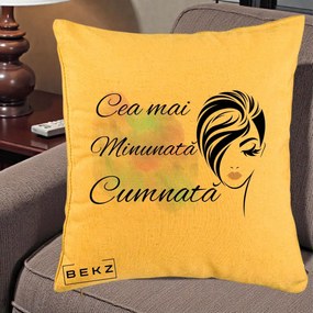 Cadou pentru Cumnata - Perna Personalizata Cea mai Minunata Cumnata cu Silueta Dama si Pete Multicolor, 40x40 cm, Galben, Husa Detasabila, Perna Inclusa, BEKZ®