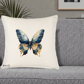 Perna Decorativa Fluture Albastru Auriu Elegant, 40x40 cm, Crem Reliefat, Husa Detasabila, Perna Inclusa, BEKZ®