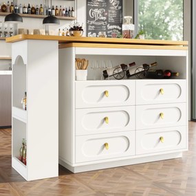 Masă de bar extensibilă cu rotire 360°, 6 sertare și raft lateral pentru gustări, 137-203x39x90 cm, Alb