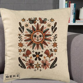 Perna Decorativa Soare Boho Folk Fluturi, 40x40 cm, Bej, Husa Detasabila, Perna Inclusa, BEKZ®