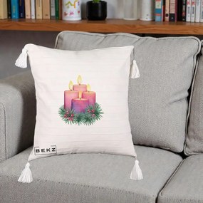 Perna Decorativa Lumanari Advent Roz-Violet, 40x40 cm, Bej cu Franjuri, Husa Detasabila, Perna Inclusa, BEKZ®