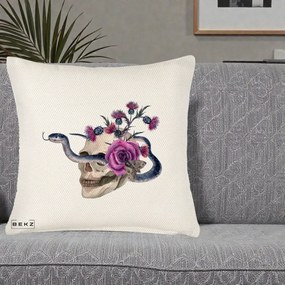 Perna Decorativa Craniu cu Sarpe si Trandafiri Gothic, 40x40 cm, Crem Reliefat, Husa Detasabila, Perna Inclusa, BEKZ®