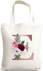 Sacosa de Panza pentru Cumparaturi, Geanta Tote, Cu litera E Rose Gold si Trandafiri, 38x34.5 cm, Alba, BEKZ®