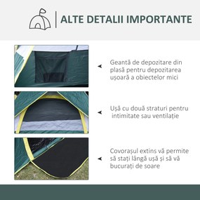 Outsunny Cort pentru Camping pentru 2 Persoane, Cort pentru Exterior Automatic Pop Up cu Copertina, Buzunare Interioare si Covoras, 205x195x135cm