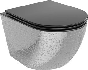 Mexen Lena vas de toaletă Rimless cu capac cu închidere lentă slim, duroplast, negru mat/model argintiu solzi - 30224072