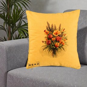 Perna Decorativa Buchet Mixt Acuarela Lavanda-Trandafiri, 40x40 cm, Galben, Husa Detasabila, Perna Inclusa, BEKZ®