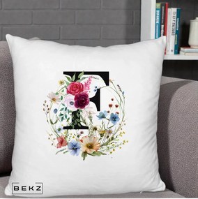 Cadou Personalizat - Perna Personalizata Monogram Litera F cu Flori Acuarela, 40x40 cm, Alb Pufos, Husa Detasabila, Perna Inclusa, BEKZ®