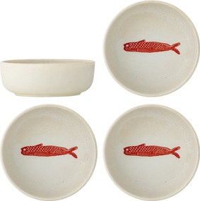 Set 4 boluri din ceramică artizanală alba si pește sculptat în relief, roșu, 14.5×5 cm, „Hadden"