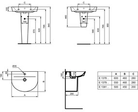 Lavoar suspendat alb 60 cm, asimetric, orificiu baterie si preaplin, Ideal Standard Connect Air