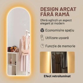 HOMCOM Oglindă de Perete în Formă de Arc cu Iluminare LED, Control Tactil și Sticlă Călită, 40x3x120 cm, Transparentă | Aosom Romania