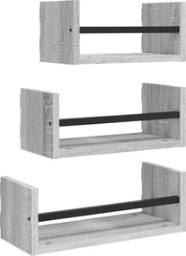 vidaXL Set rafturi perete cu bare, 3 buc, gri sonoma, lemn prelucrat