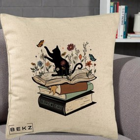 Perna Personalizata Pisica Neagra Carti Flori Fluturi, 40x40 cm, Bej, Husa Detasabila, Perna Inclusa, BEKZ®