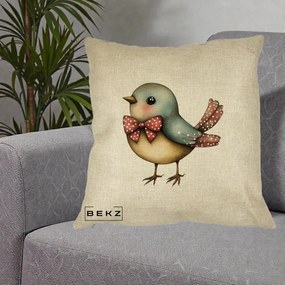 Perna Decorativa Pasare Bleu cu Fundita Rosie, 40x40 cm, Crem, Husa Detasabila, Perna Inclusa, BEKZ®