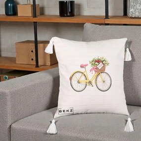 Perna Decorativa Bicicleta Galbena cu Cos de Flori Primavara, 40x40 cm, Bej cu Franjuri, Husa Detasabila, Perna Inclusa, BEKZ®