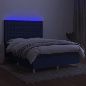 Pat cu arcuri, saltea si LED, albastru, 140x200 cm, textil Albastru, 140 x 200 cm, Nasturi de tapiterie