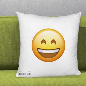 Perna Decorativa Emoji Zambet Mare, 40x40 cm, Alb Pufos, Husa Detasabila, Perna Inclusa, BEKZ®