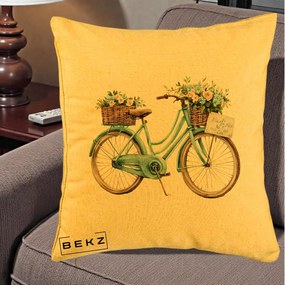 Perna Decorativa Bicicleta Teal cu Cosuri Duble de Flori Vintage, 40x40 cm, Galben, Husa Detasabila, Perna Inclusa, BEKZ®